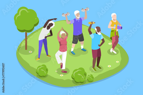 3D Isometric Flat Vector Illustration of Group of Active Seniors, Yoga of Fitness for Eldery People
