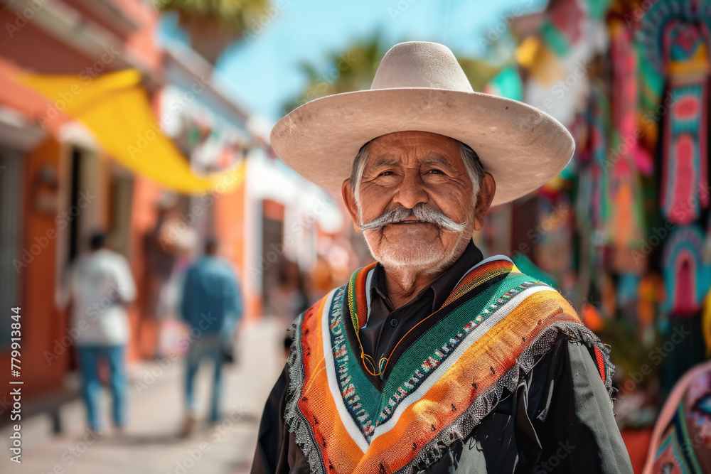 Retrato de hombre mayor mexicano de 60 años con bigote y barba blanca, llevando sombrero de paja claro tipico y ropa colorida con fondo de una calle antigua de un pueblo mexicano