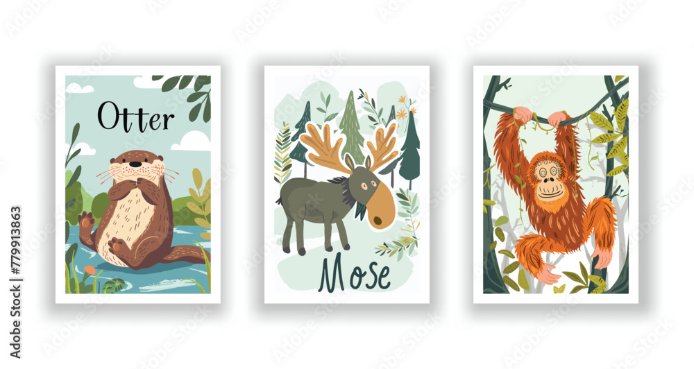 Wildlife and Nature Cards - Otter, Orangutan, Moose, Hand drawn cute Fox flyer. Vector illustration