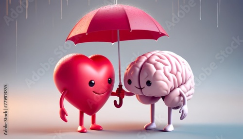 3D render of a heart and brain under an umbrella, smiling at each other.