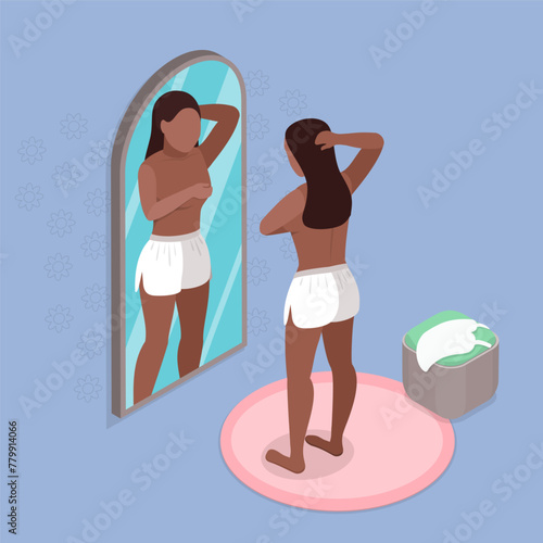 3D Isometric Flat Vector Illustration of Breast Self-examination, Female Health