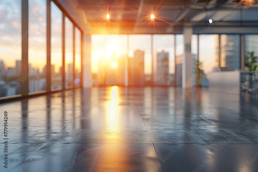 A large, empty office room with a sun shining through the windows. Modern space is made of glass and has a shiny, reflective surface