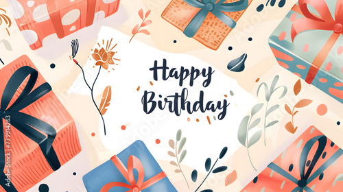 Happy birthday greeting text with with balloons and gift boxes, illustration photo
