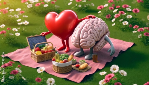 Anthropomorphic heart and brain having a picnic in a flowery meadow.