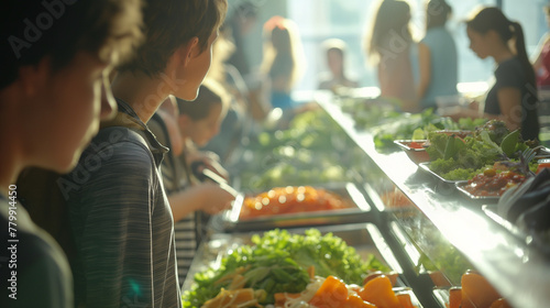 Students queuing up with their trays in front of a colorful salad bar, choosing from a variety of fresh ingredients. The light from the canteen windows casts gentle shadows, making photo