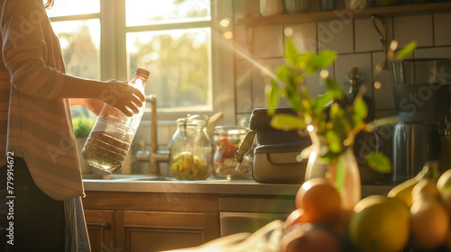 A kitchen scene where a mother fills a reusable water bottle and packs it alongside a lunchbox into her child's backpack. The sunlight from the kitchen window creates a backdrop of