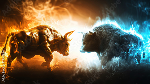 Market Forces Unleashed The Fiery Bull VS The Frosty Bear. Battle of financial symbolism