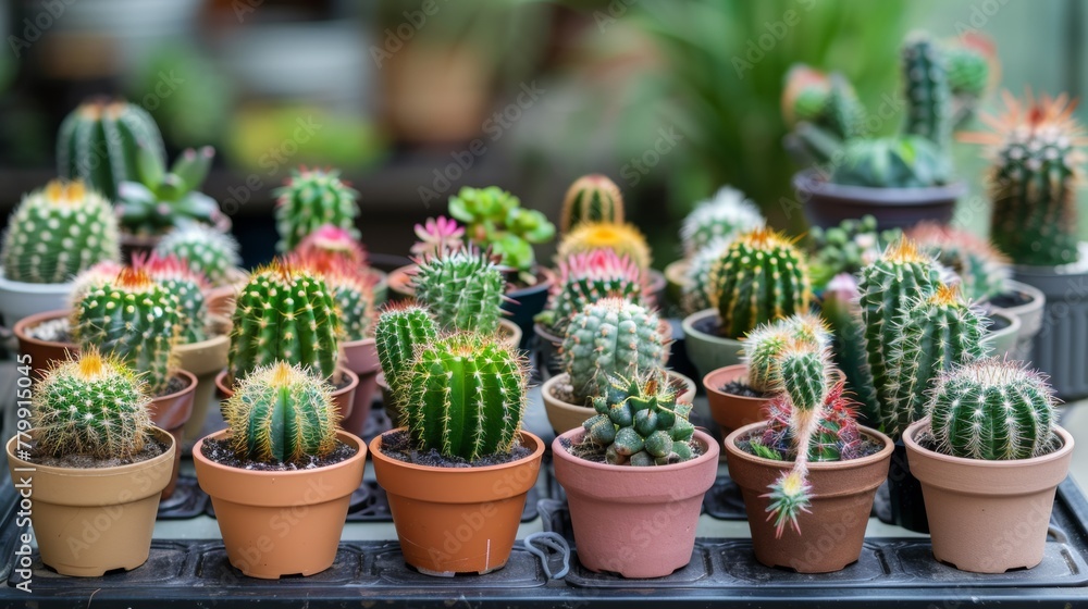 A bunch of cacti are in pots on a table, AI A bunch of cacti are in pots on a table, AI