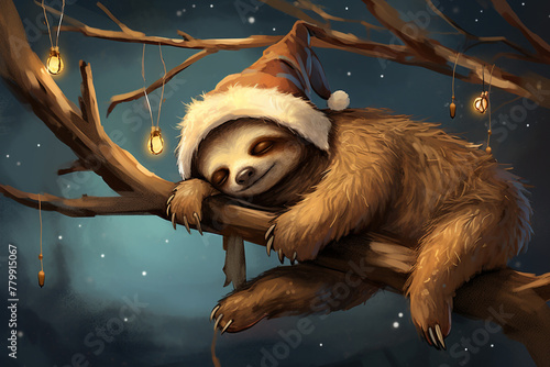 A sleepy sloth wearing a nightcap, hanging from a branch. photo