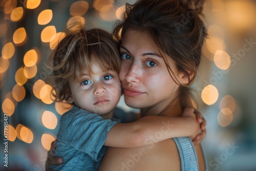Mother embracing young child, warm lights creating a cozy atmosphere.
