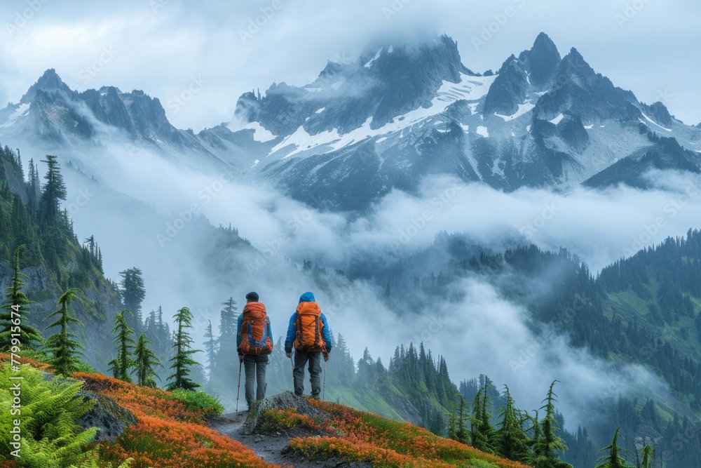 Hikers with backpacks facing mountain peaks amidst misty green landscape.