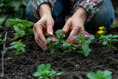 Person planting small flowers in the garden, rich soil visible.