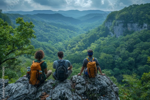 Three hikers sit on a cliff's edge overlooking a lush forest. © Good AI