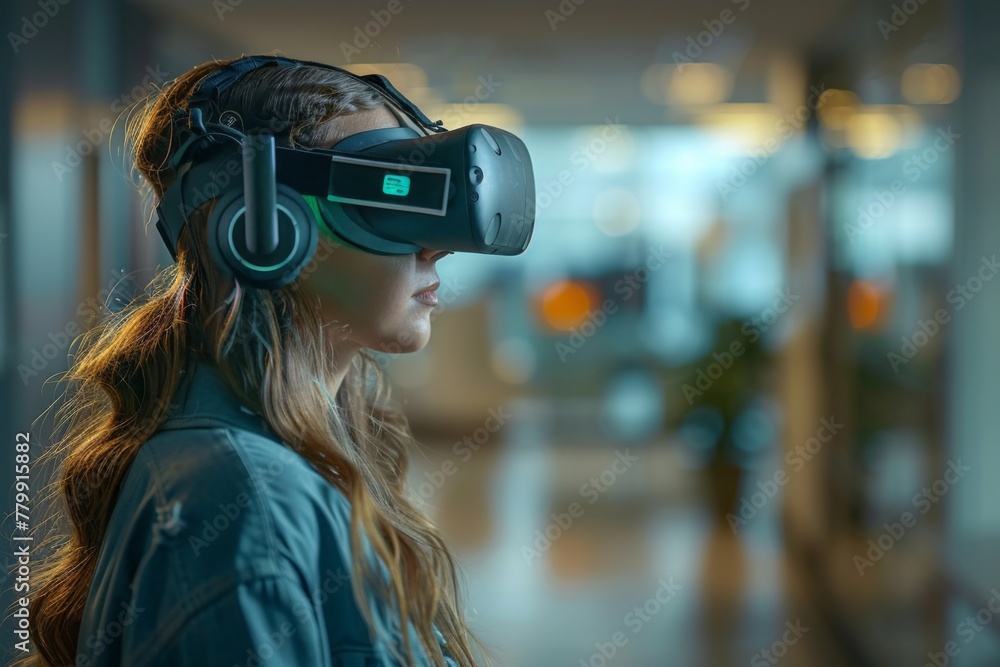 A woman immersed in a virtual reality experience in a modern setting. A woman immersed in a virtual reality experience in a modern setting.