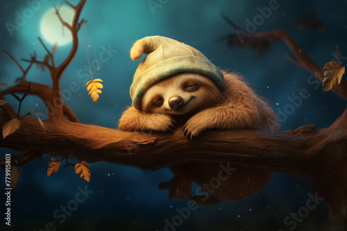 A sleepy sloth wearing a nightcap, hanging from a branch.