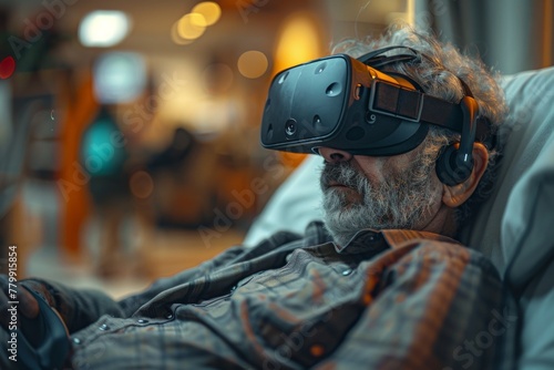 An older man relaxes with a VR headset, absorbed in virtual content.