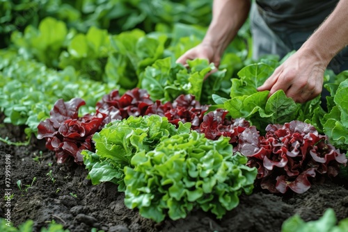 Hands delicately weeding and tending to a lush lettuce patch in the garden.