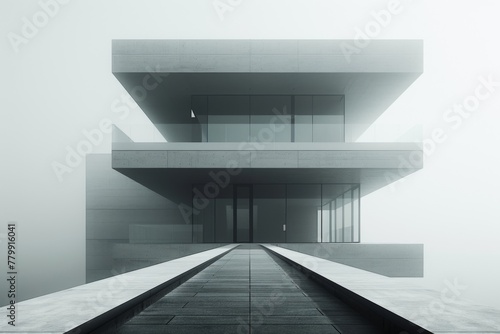 An abstract minimalist architectural structure in monochrome, emphasizing clean lines and open space.