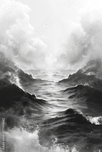 Dramatic waves amidst a stormy sea under a cloud-filled sky, conveying the power of nature.