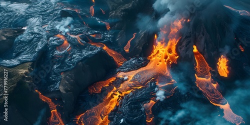 aerial view of magma or lava from a volcano