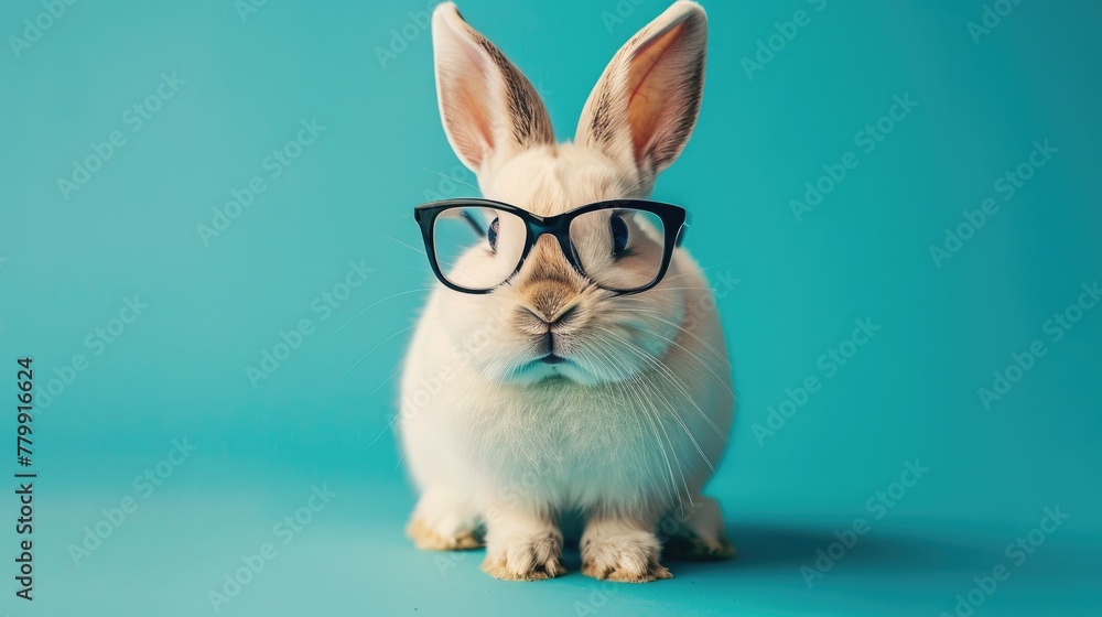 Playful White Rabbit with Glasses on Vibrant Solid Background