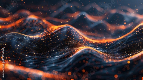 High-tech background with flowing lines and stars, Dark indigo and orange, Data visualization.