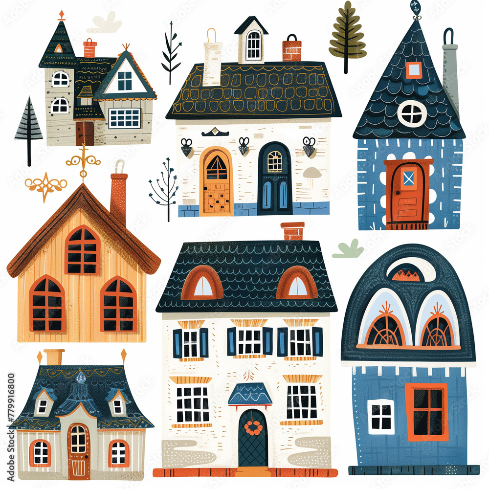 Set of illustration featuring a various of nordic house on white background, Generative AI