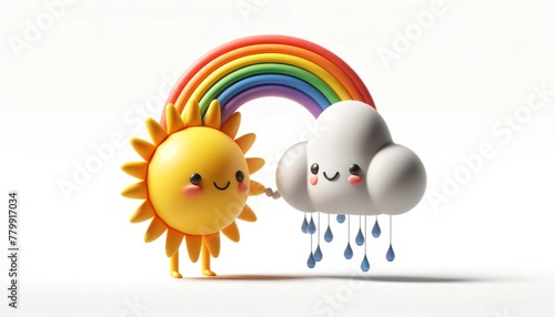 A 3D render of a sun and rain cloud with human-like features creating a rainbow together on a white background perfect for depicting diverse elements working together in graphic designs.