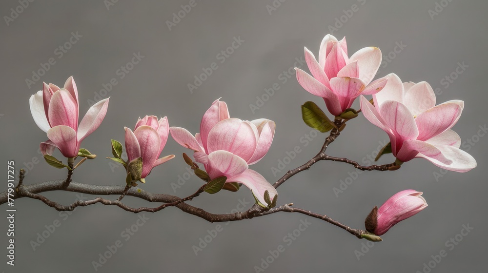 Photo of magnolia flower branch on gray studio background.