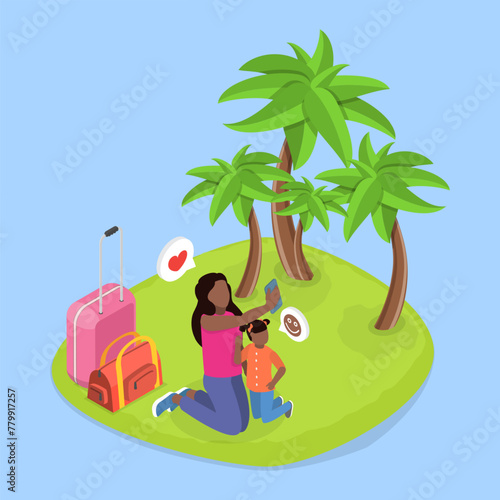 3D Isometric Flat Vector Illustration of Travel Memories, Taking Selfie on a Road Trip