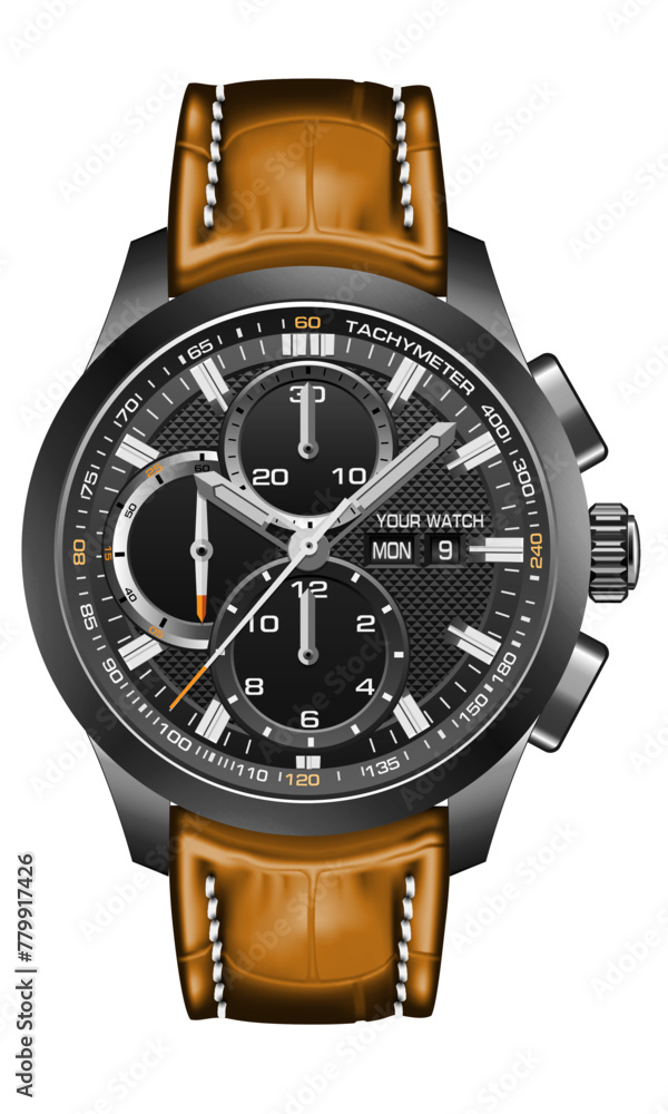 Realistic watch clock black metallic orange arrow white number with leather strap on isolated design classic luxury fashion for men vector Realistic watch clock black metallic orange arrow white number with leather strap on isolated design classic luxury fashion for men vector