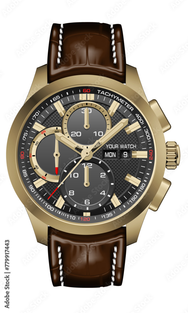 Realistic watch clock black gold red arrow white number with brown leather strap on isolated design classic luxury fashion for men vector Realistic watch clock black gold red arrow white number with brown leather strap on isolated design classic luxury fashion for men vector