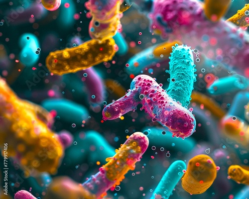 A detailed 3D render of bacteria in a microscopic view, highlighting their diverse and colorful structures amidst a dynamic environment. photo