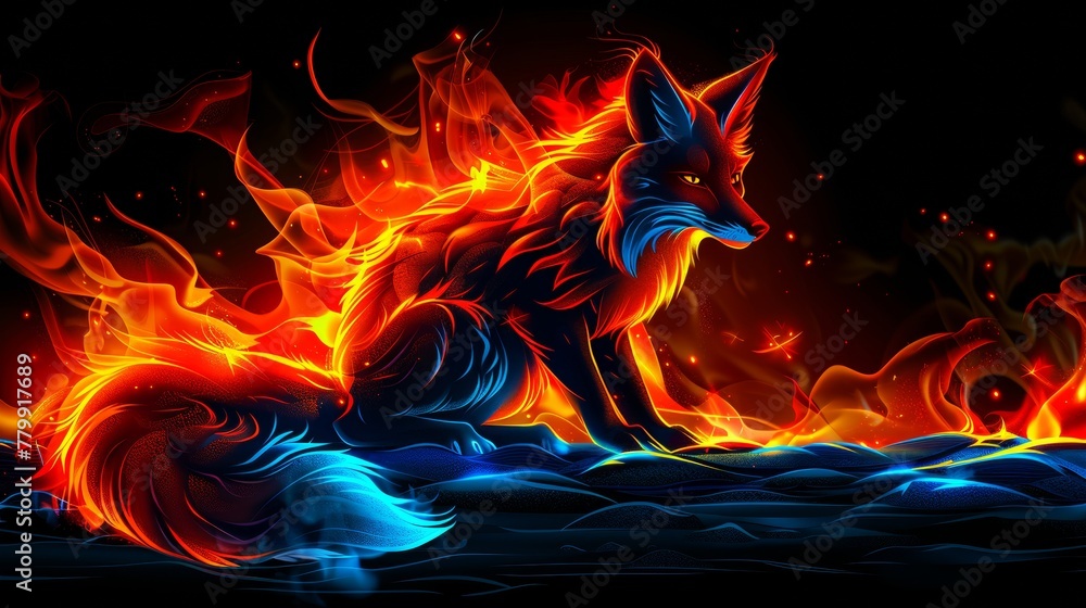 Fototapeta premium A fire fox sitting on top of a rock. A magical creature made of fire on black background.