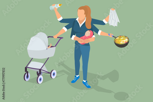 3D Isometric Flat Vector Illustration of Multitasking Mother, Busy Mom with a Bunch of Tasks