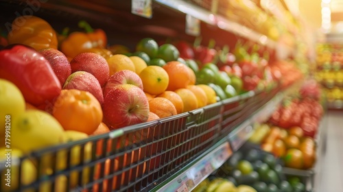 A grocery store aisle with produce in baskets and on shelves, AI