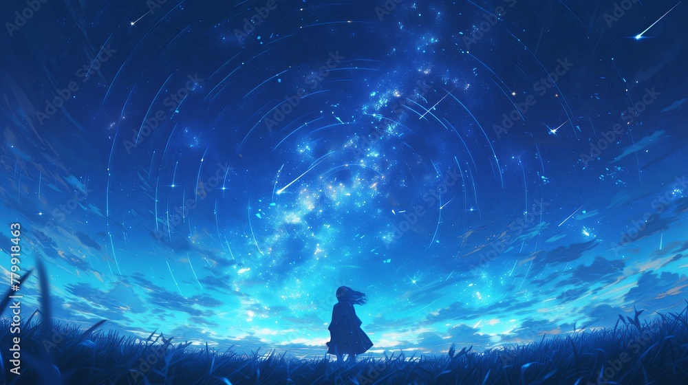 Young woman swirling cosmic vortex stars anime-style illustration dusk
