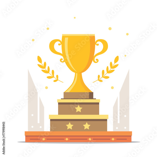 Gold trophy cup on prize podium. Podium for winners isolated on white background. First place award. Vector stock © Jessica