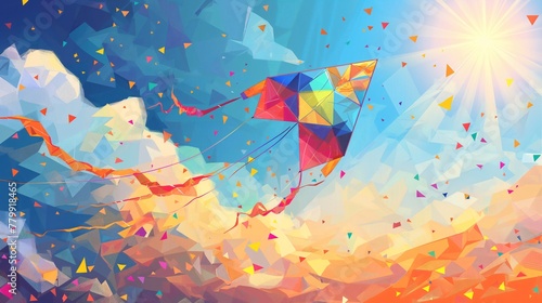 Abstract Vector Art of Colorful Kite in Geometric Patterned Sky