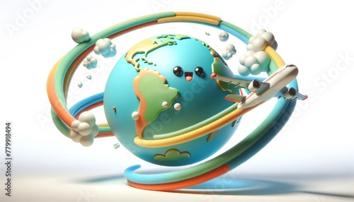This 3D render shows a globe and airplane circling around each other  illustrating worldwide connectivity or international relations on a white background  ideal for global themes.