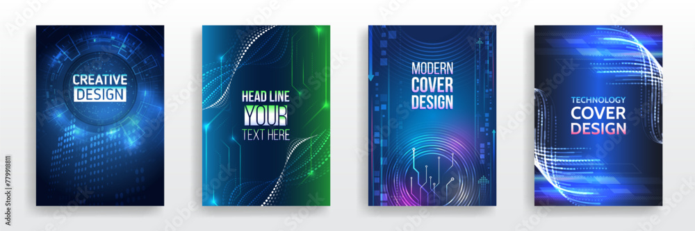 Fototapeta premium Futuristic background for flyer, brochure. Scientific cover template for presentation, banner. Set of high-tech covers for marketing. Modern technology design for posters.