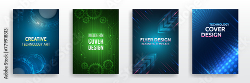 Modern technology design for posters. Futuristic background for flyer, brochure. Scientific cover template for presentation, banner. Set of high-tech covers for marketing.