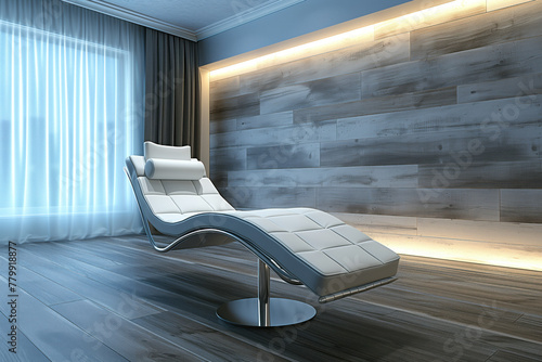 Modern minimalist lounge chair in a stylish room with wooden wall and ambient lighting.
