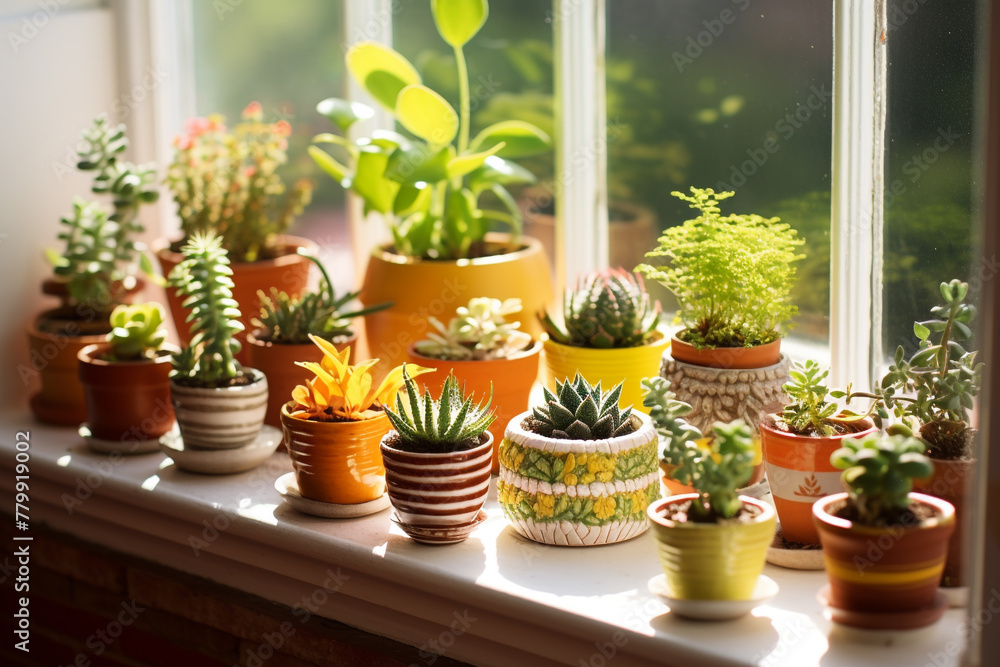 An assortment of miniature plant pots arranged on a sunny windowsill.