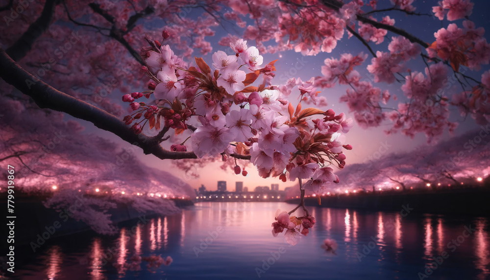 Cherry blossoms in full bloom, set against a twilight sky. The focus on the branches of the cherry blossoms