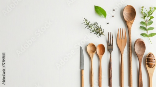 Eco-friendly kitchenware concept with wooden utensils and green leaves