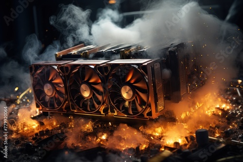 Burning bitcoin miner device in a crypto mining farm. Photorealistic. photo