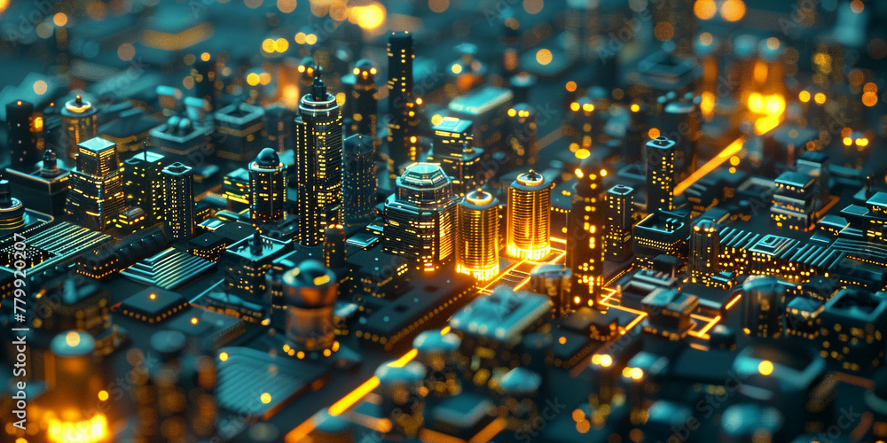 3d illustration of a futuristic micro chips city at night. Computer science and electronics background concept.