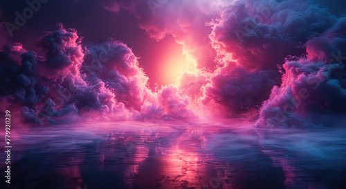 3d render of pink and purple clouds with light rays over water, fantasy background. Created with Ai