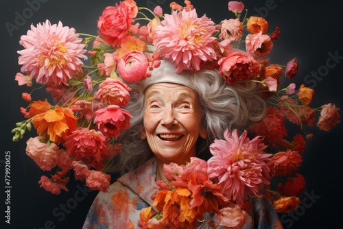 Fragrant Senior female flowers room. Happy old retirement. Generate Ai